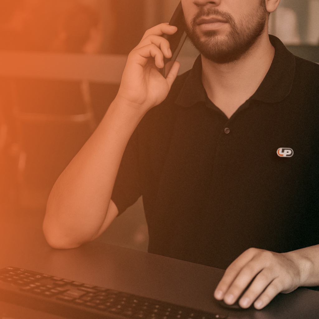 Imagen de representante deLP Vidrios asesorando telefónicamente